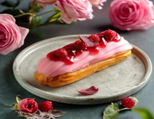 Éclairs à la vanille et rose avec coulis de framboise